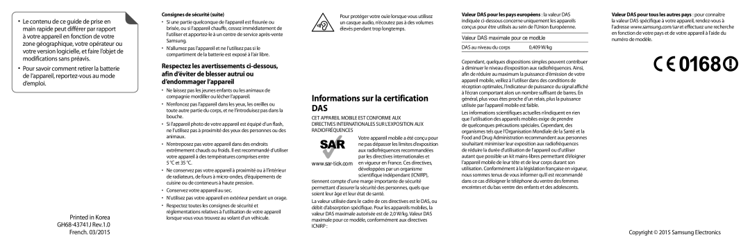 Samsung SM-P550NZWAXEF Informations sur la certification, Consignes de sécurité suite, Valeur DAS maximale pour ce modèle 