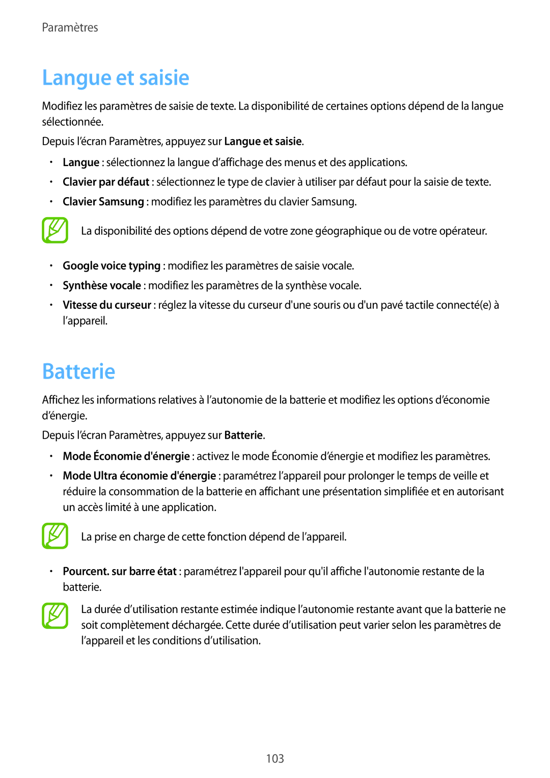 Samsung SM-T550NZKAXEF, SM-P550NZWAXEF, SM-T550NZWEXEF, SM-T550NZWAXEF, SM-P550NZKAXEF manual Langue et saisie, Batterie 