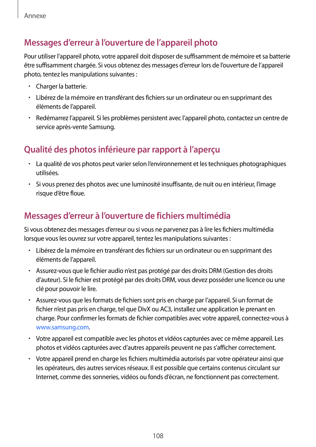 Samsung SM-T550NZKAXEF, SM-P550NZWAXEF, SM-T550NZWEXEF, SM-T550NZWAXEF Messages d’erreur à l’ouverture de l’appareil photo 