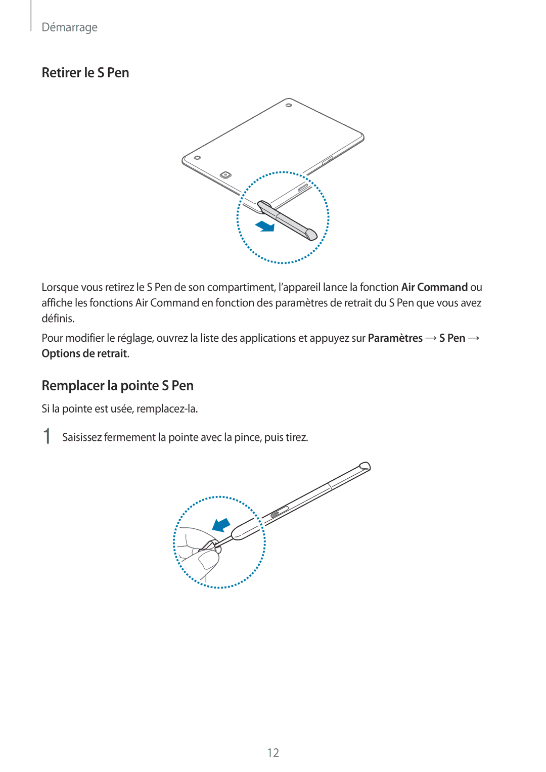 Samsung SM-T550NZWAXEF, SM-P550NZWAXEF, SM-T550NZWEXEF, SM-T550NZKAXEF manual Retirer le S Pen, Remplacer la pointe S Pen 