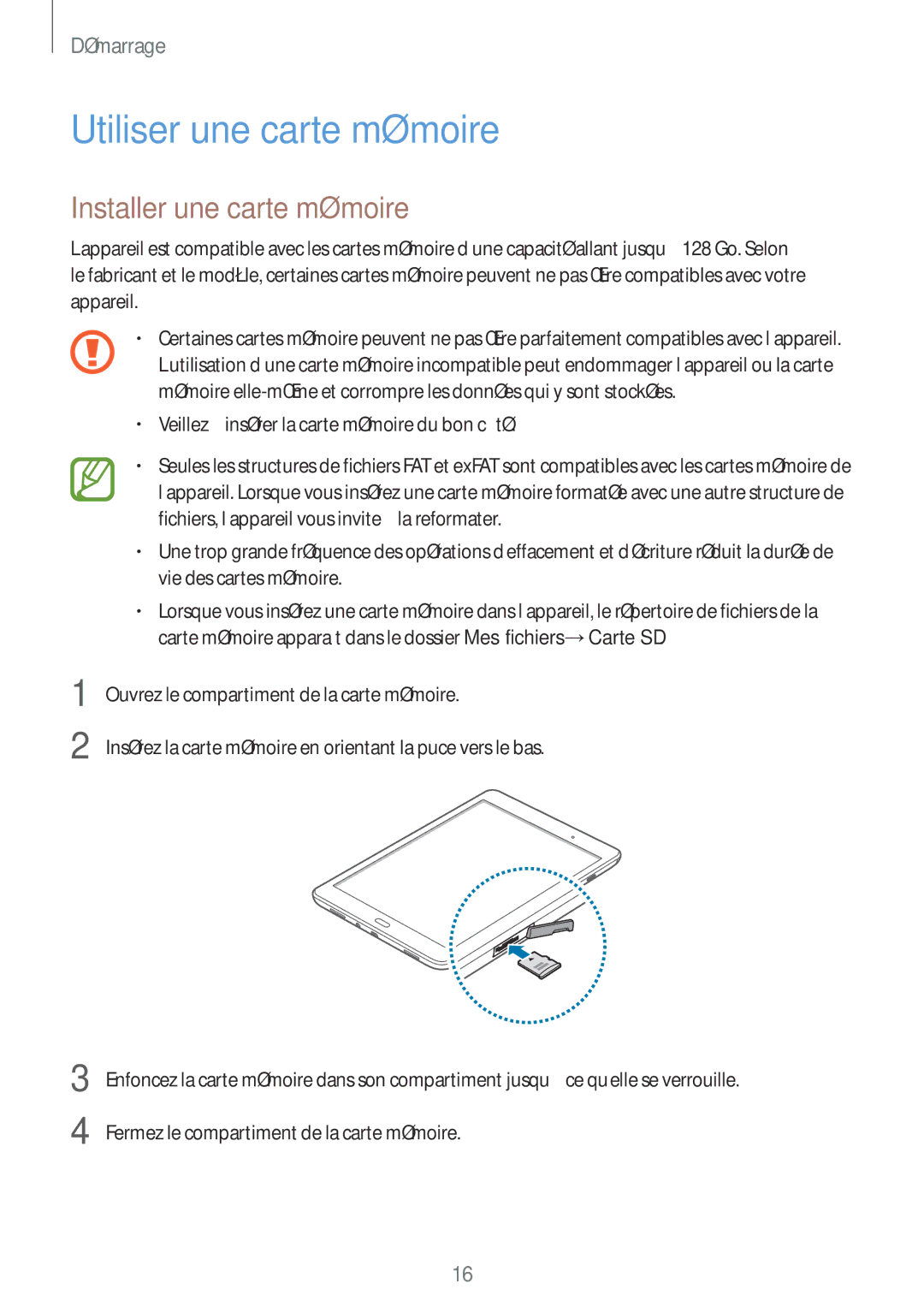 Samsung SM-T550NZWEXEF, SM-P550NZWAXEF, SM-T550NZWAXEF manual Utiliser une carte mémoire, Installer une carte mémoire 