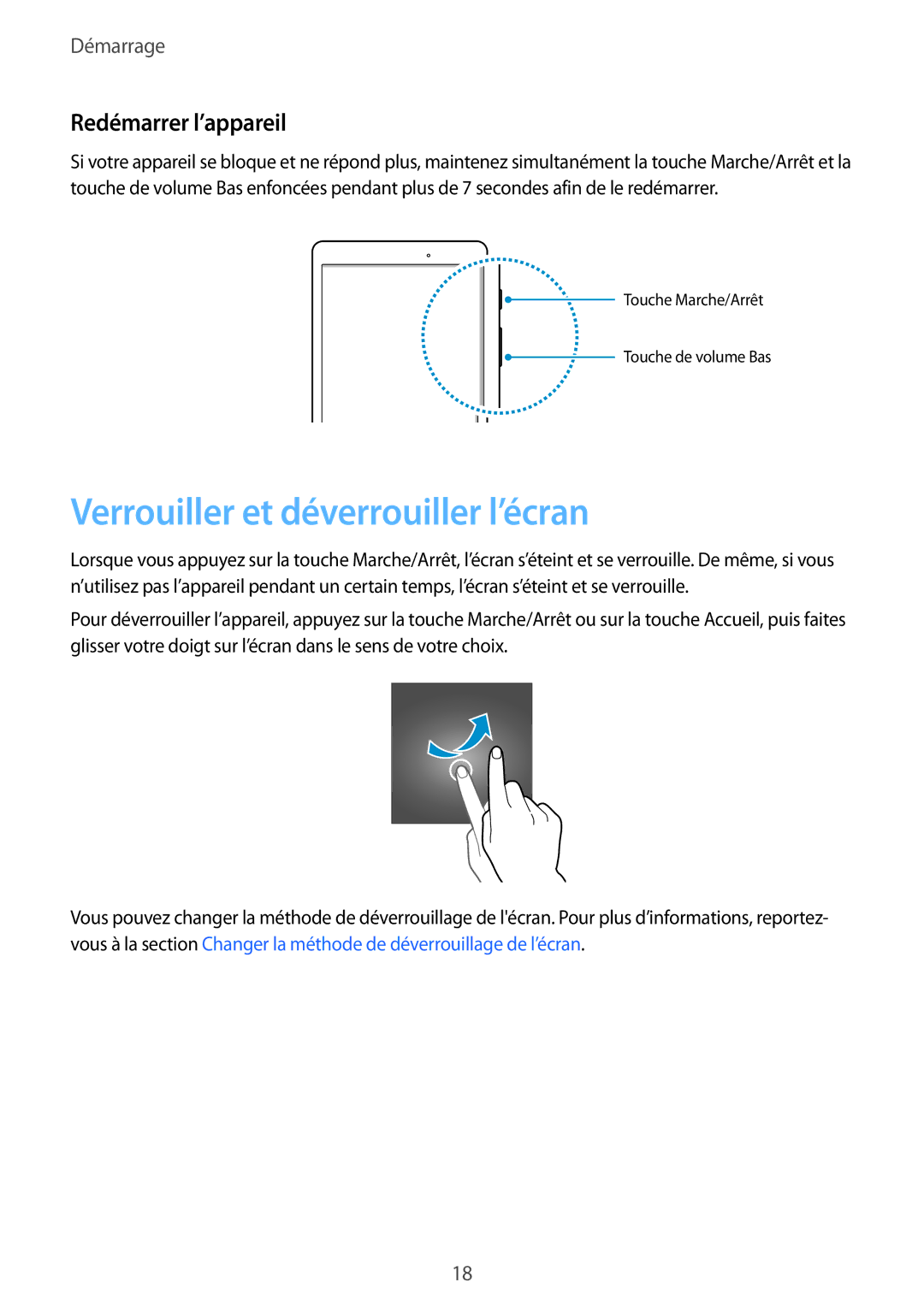 Samsung SM-T550NZKAXEF, SM-P550NZWAXEF, SM-T550NZWEXEF manual Verrouiller et déverrouiller l’écran, Redémarrer l’appareil 