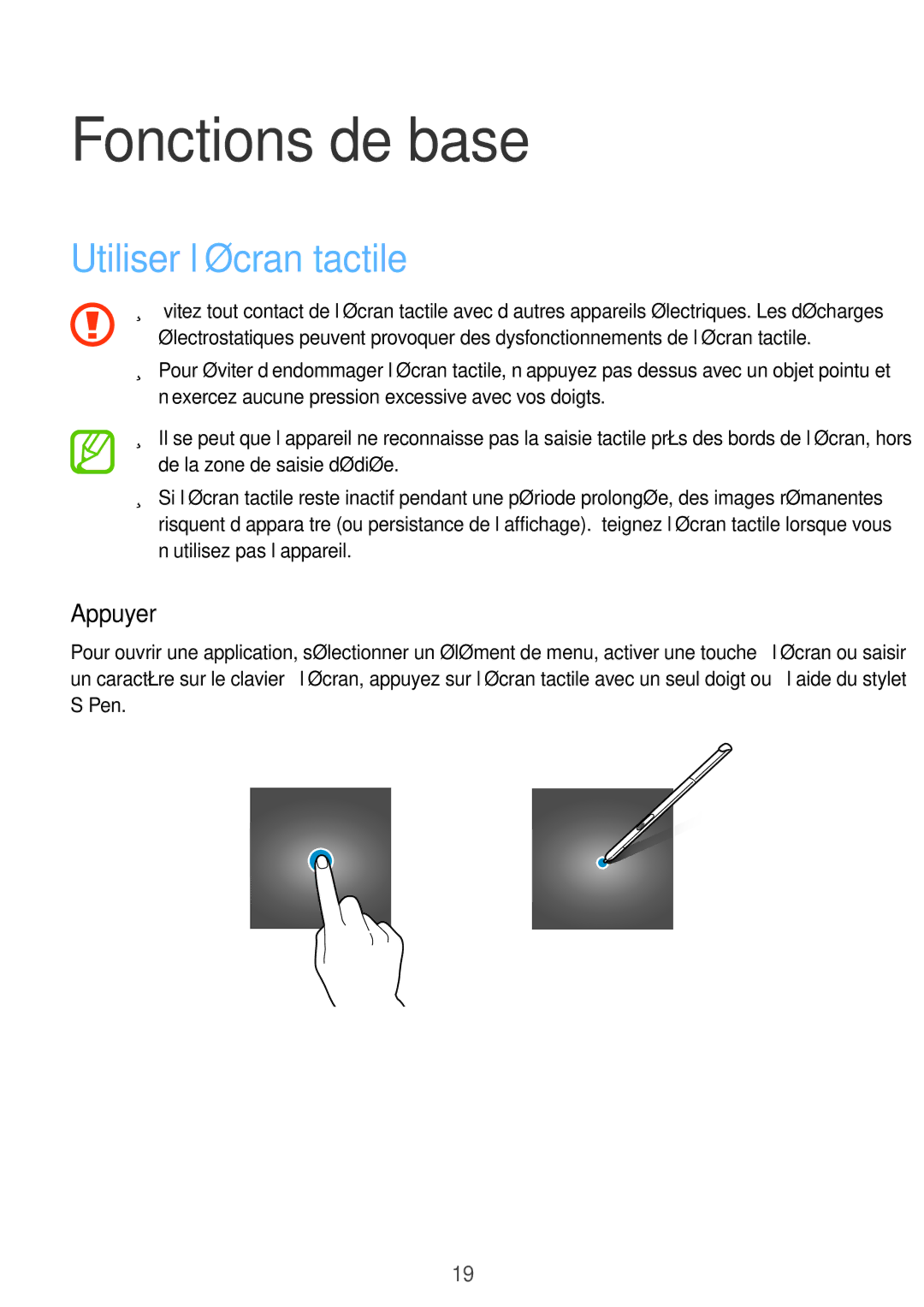 Samsung SM-P550NZKAXEF, SM-P550NZWAXEF, SM-T550NZWEXEF, SM-T550NZWAXEF Fonctions de base, Utiliser l’écran tactile, Appuyer 