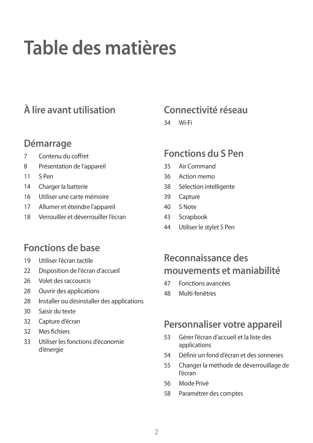 Samsung SM-T550NZWAXEF, SM-P550NZWAXEF, SM-T550NZWEXEF, SM-T550NZKAXEF Table des matières, Lire avant utilisation Démarrage 