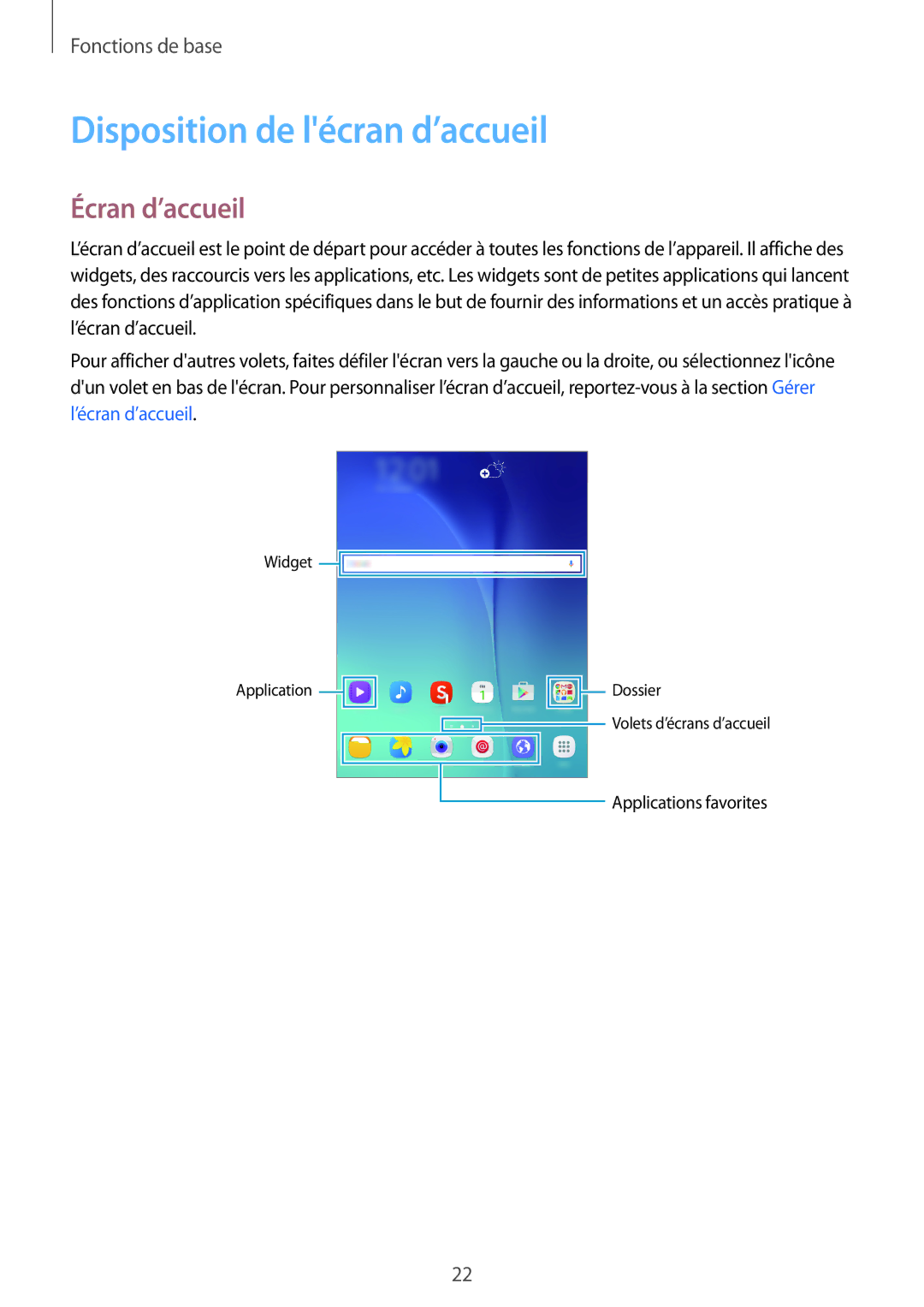 Samsung SM-T550NZWAXEF, SM-P550NZWAXEF, SM-T550NZWEXEF, SM-T550NZKAXEF manual Disposition de lécran d’accueil, Écran d’accueil 