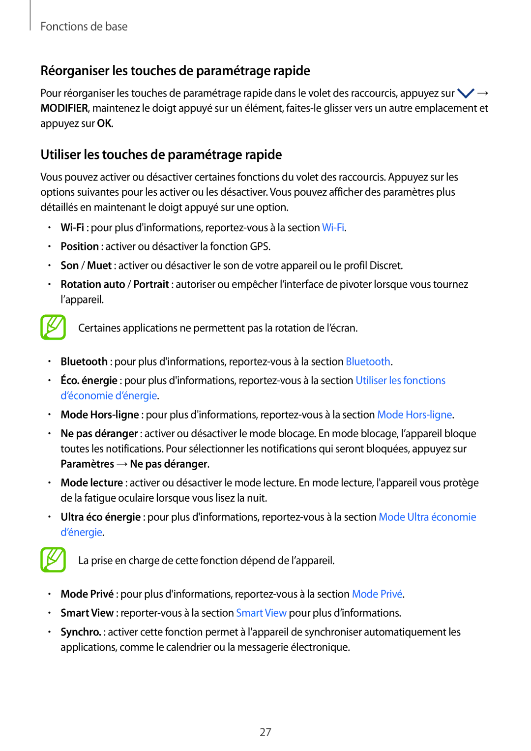 Samsung SM-T550NZWAXEF manual Réorganiser les touches de paramétrage rapide, Utiliser les touches de paramétrage rapide 