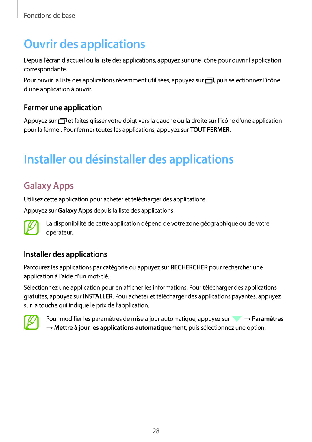 Samsung SM-T550NZKAXEF, SM-P550NZWAXEF Ouvrir des applications, Installer ou désinstaller des applications, Galaxy Apps 