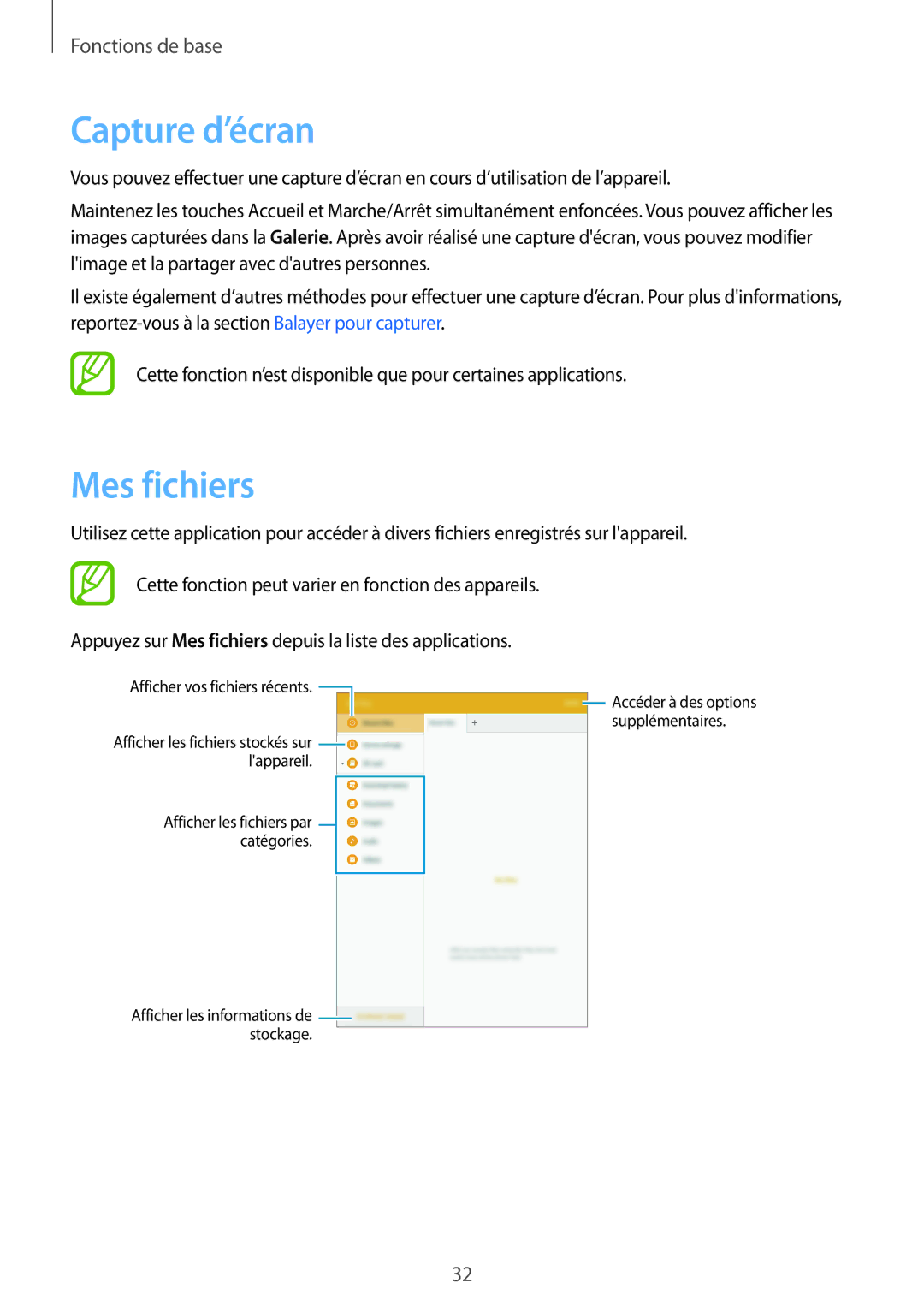 Samsung SM-T550NZWAXEF, SM-P550NZWAXEF, SM-T550NZWEXEF, SM-T550NZKAXEF, SM-P550NZKAXEF manual Capture d’écran, Mes fichiers 