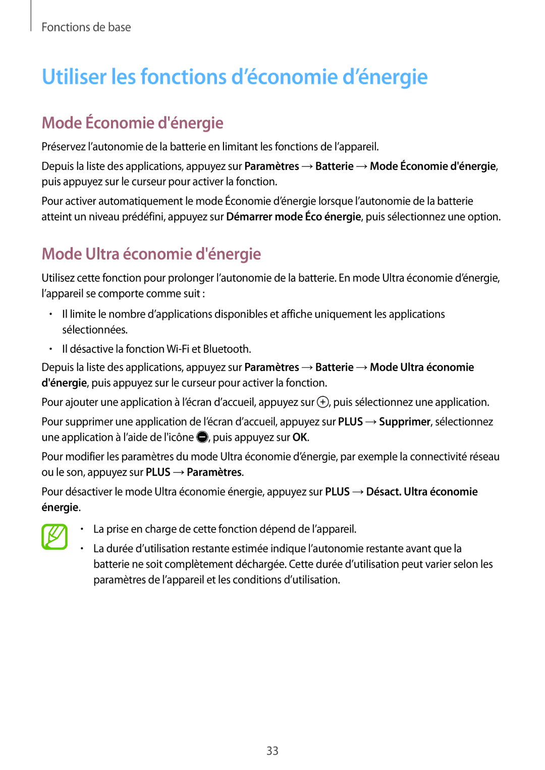 Samsung SM-T550NZKAXEF Utiliser les fonctions d’économie d’énergie, Mode Économie dénergie, Mode Ultra économie dénergie 