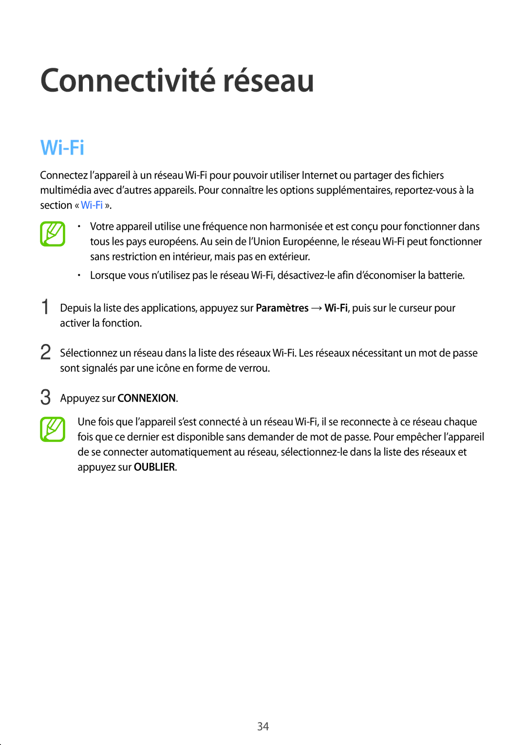 Samsung SM-P550NZKAXEF, SM-P550NZWAXEF, SM-T550NZWEXEF, SM-T550NZWAXEF, SM-T550NZKAXEF manual Connectivité réseau, Wi-Fi 