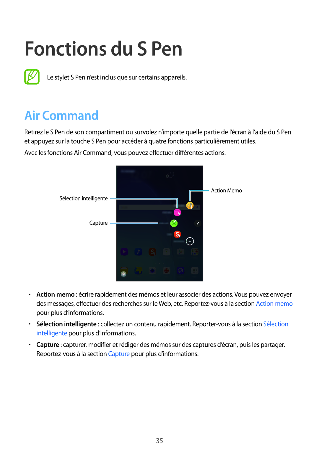 Samsung SM-P550NZWAXEF, SM-T550NZWEXEF, SM-T550NZWAXEF, SM-T550NZKAXEF, SM-P550NZKAXEF manual Fonctions du S Pen, Air Command 