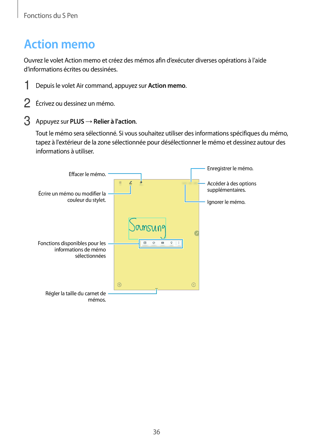 Samsung SM-T550NZWEXEF, SM-P550NZWAXEF, SM-T550NZWAXEF, SM-T550NZKAXEF manual Action memo, Appuyez sur Plus →Relier à laction 