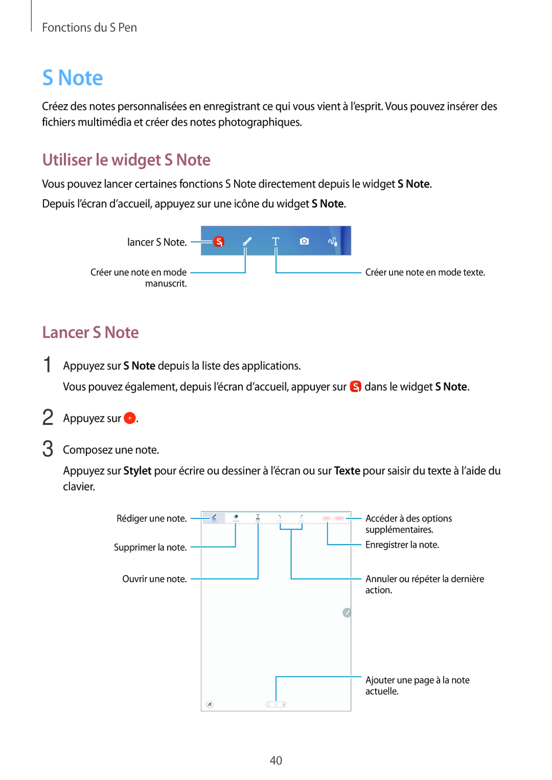 Samsung SM-P550NZWAXEF, SM-T550NZWEXEF, SM-T550NZWAXEF, SM-T550NZKAXEF manual Utiliser le widget S Note, Lancer S Note 