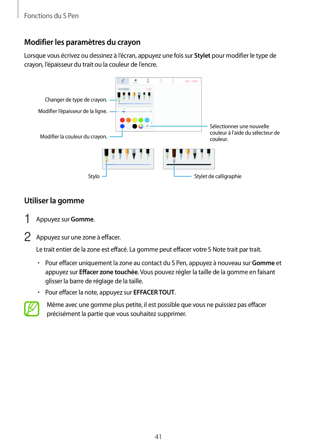 Samsung SM-T550NZWEXEF, SM-P550NZWAXEF, SM-T550NZWAXEF, SM-T550NZKAXEF Modifier les paramètres du crayon, Utiliser la gomme 