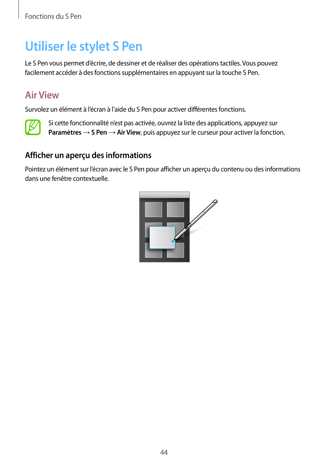 Samsung SM-P550NZKAXEF, SM-P550NZWAXEF manual Utiliser le stylet S Pen, Air View, Afficher un aperçu des informations 