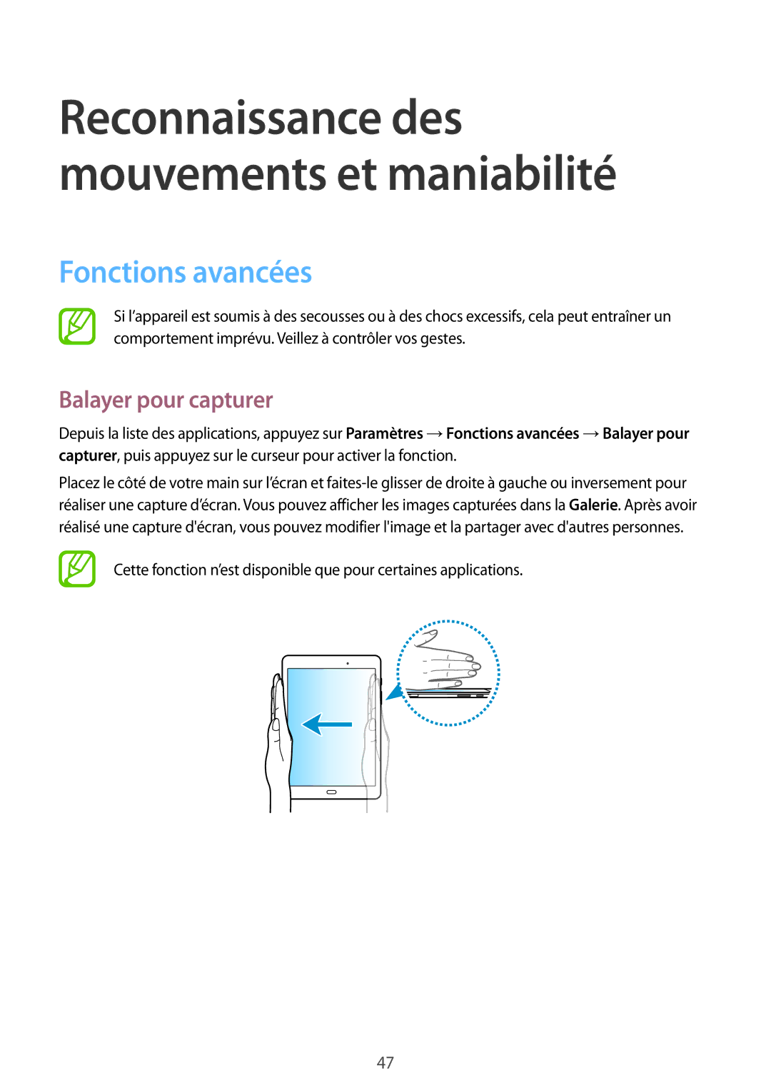 Samsung SM-T550NZWAXEF, SM-P550NZWAXEF, SM-T550NZWEXEF, SM-T550NZKAXEF manual Fonctions avancées, Balayer pour capturer 