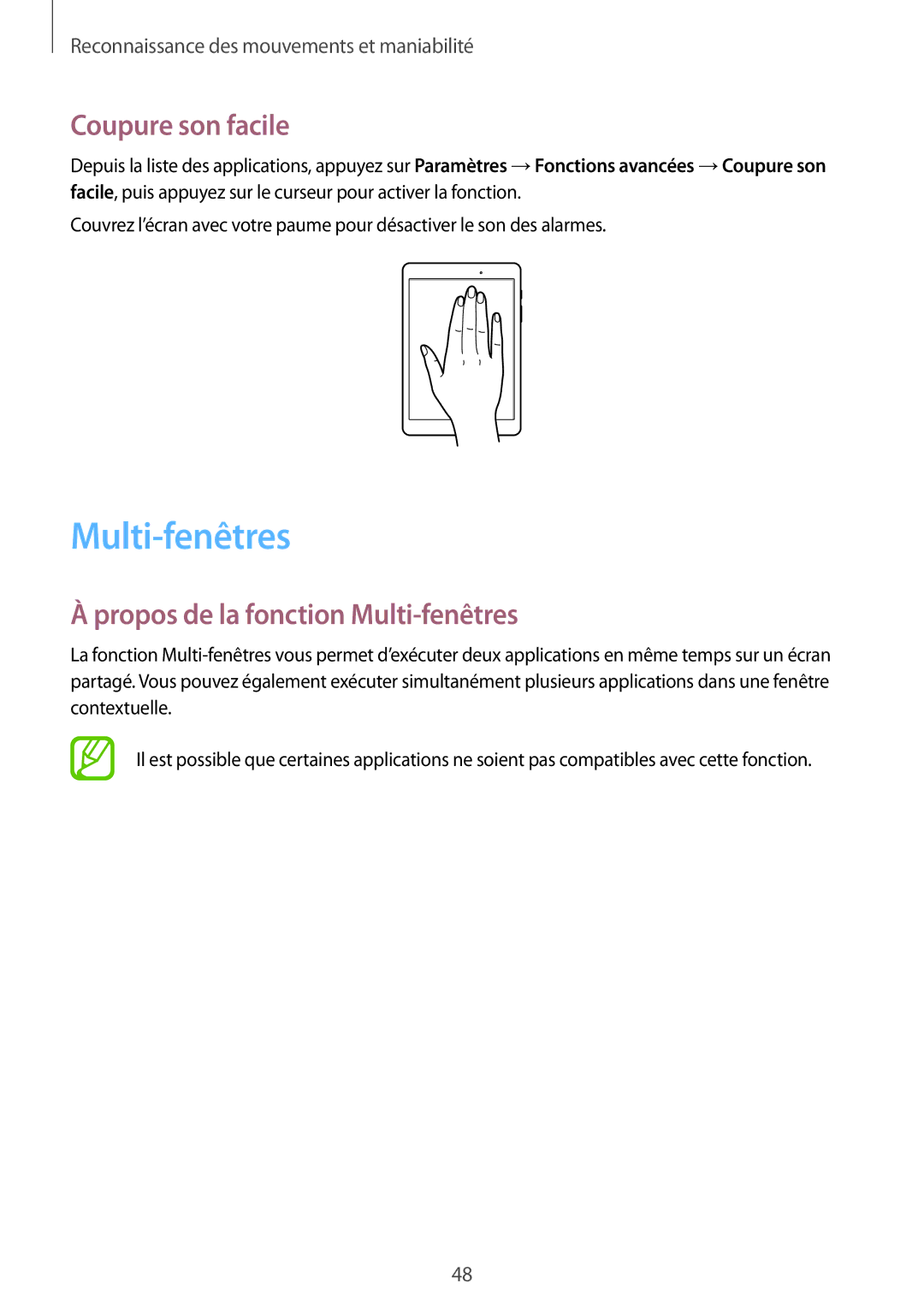 Samsung SM-T550NZKAXEF, SM-P550NZWAXEF, SM-T550NZWEXEF manual Coupure son facile, Propos de la fonction Multi-fenêtres 