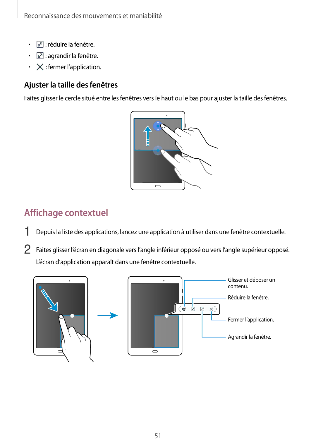 Samsung SM-T550NZWEXEF, SM-P550NZWAXEF, SM-T550NZWAXEF, SM-T550NZKAXEF Affichage contextuel, Ajuster la taille des fenêtres 