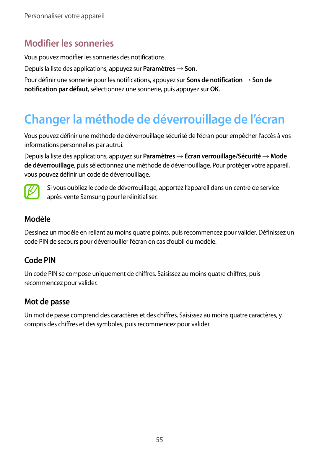 Samsung SM-P550NZWAXEF, SM-T550NZWEXEF, SM-T550NZWAXEF manual Modifier les sonneries, Modèle, Code PIN, Mot de passe 