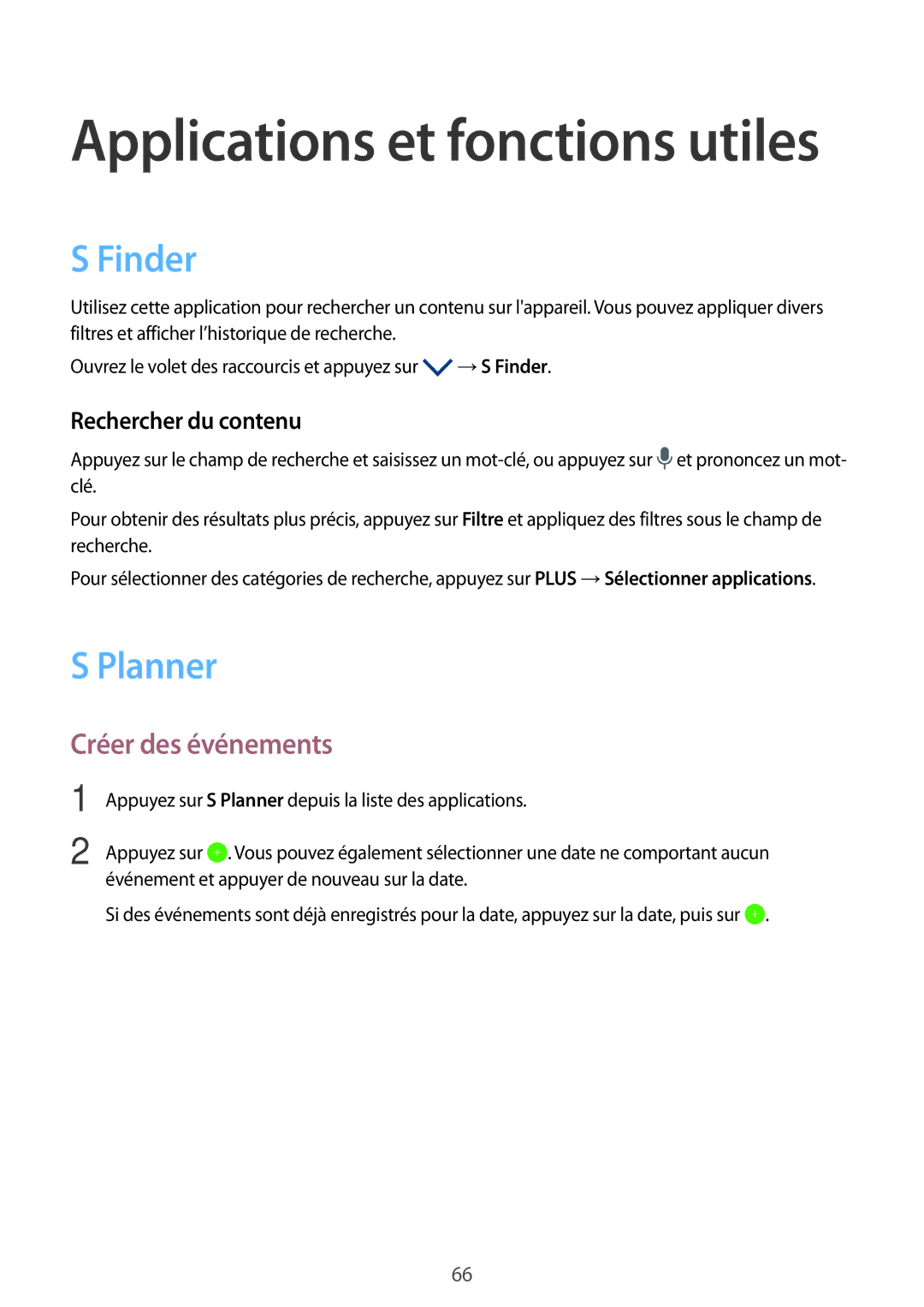 Samsung SM-T550NZWEXEF, SM-P550NZWAXEF, SM-T550NZWAXEF manual Finder, Planner, Créer des événements, Rechercher du contenu 