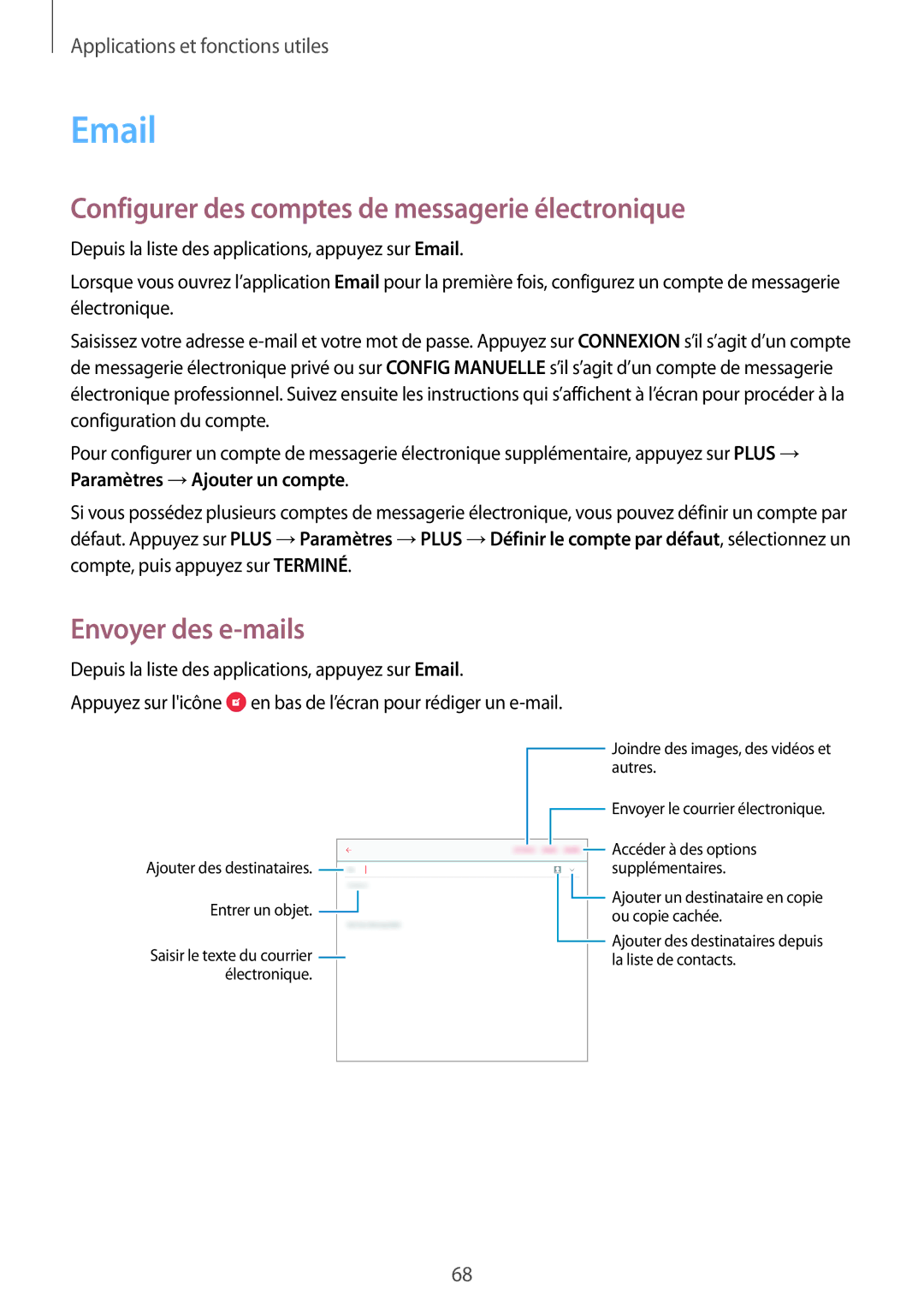 Samsung SM-T550NZKAXEF, SM-P550NZWAXEF manual Configurer des comptes de messagerie électronique, Envoyer des e-mails 