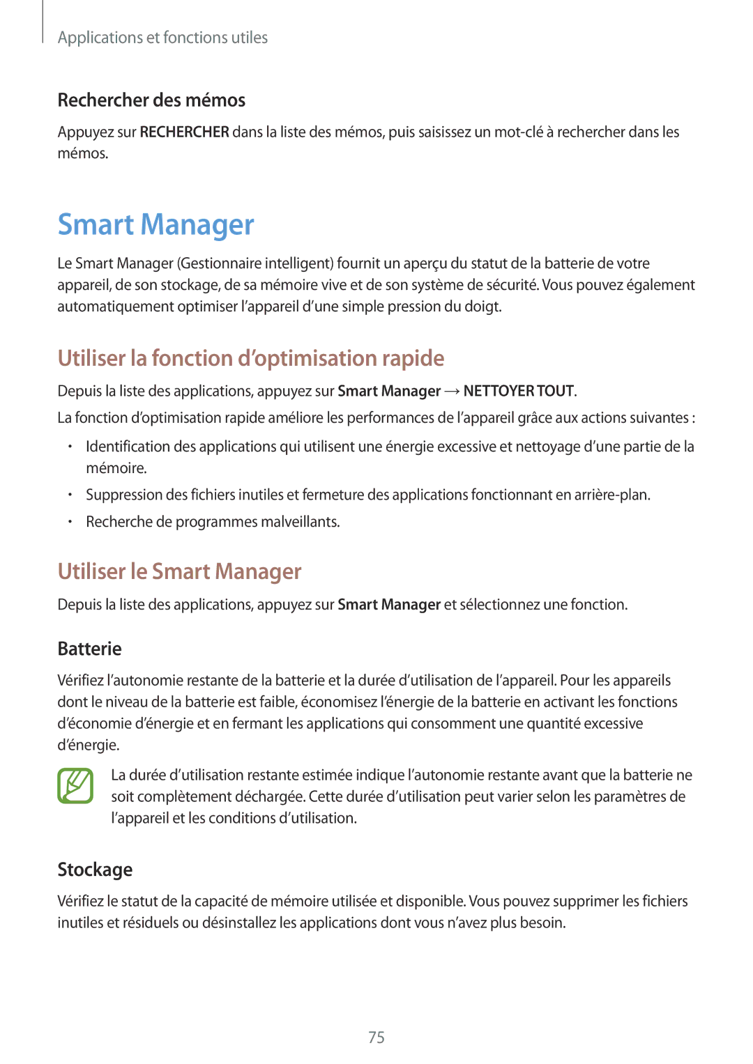 Samsung SM-P550NZWAXEF, SM-T550NZWEXEF manual Utiliser la fonction d’optimisation rapide, Utiliser le Smart Manager 