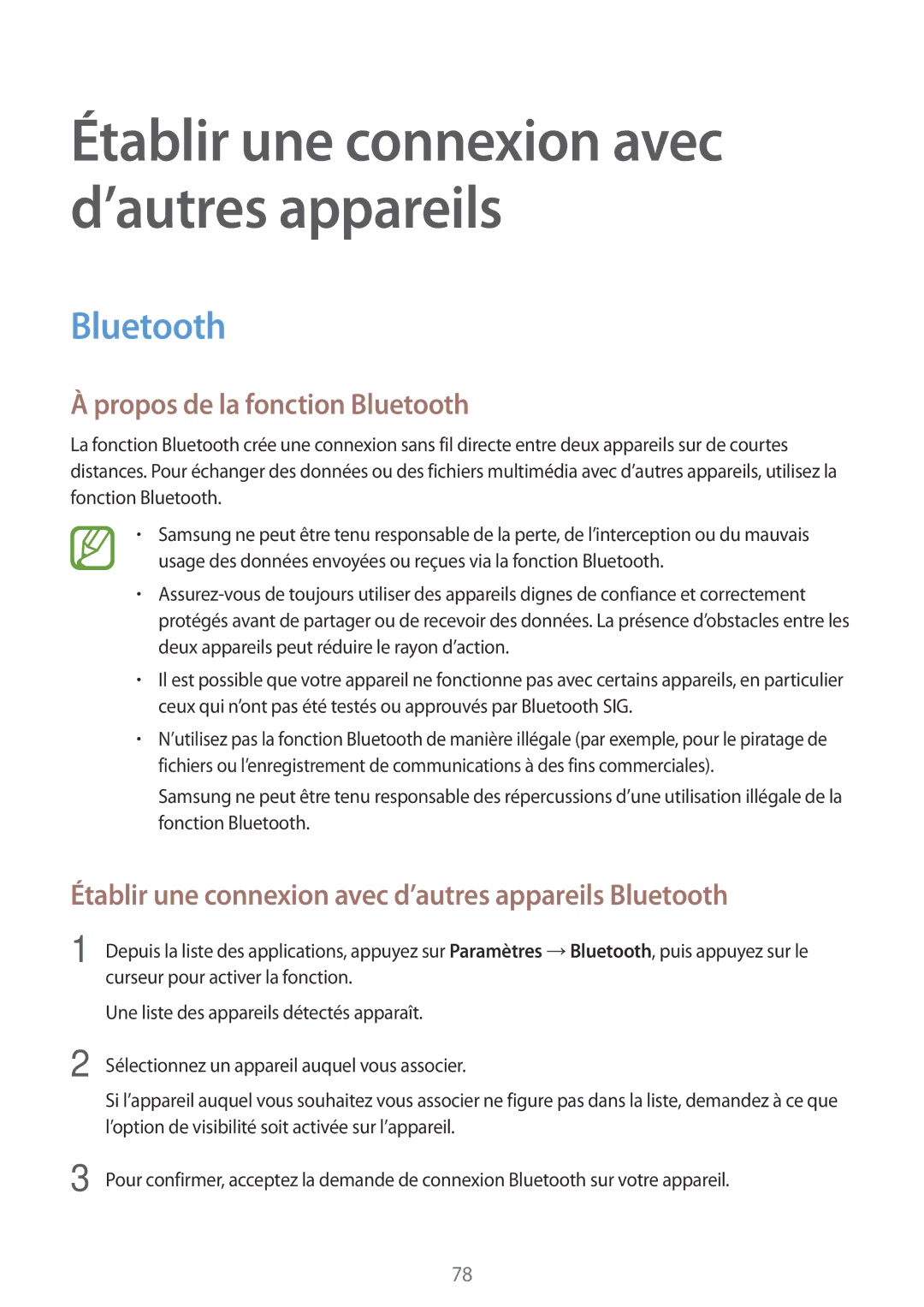 Samsung SM-T550NZKAXEF manual Propos de la fonction Bluetooth, Établir une connexion avec d’autres appareils Bluetooth 