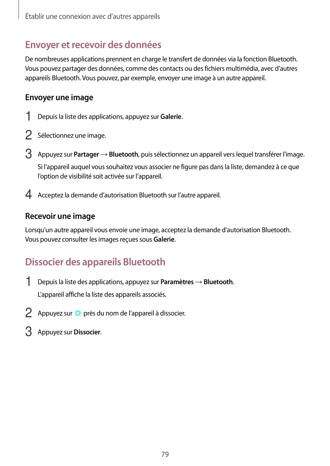 Samsung SM-P550NZKAXEF manual Envoyer et recevoir des données, Dissocier des appareils Bluetooth, Envoyer une image 