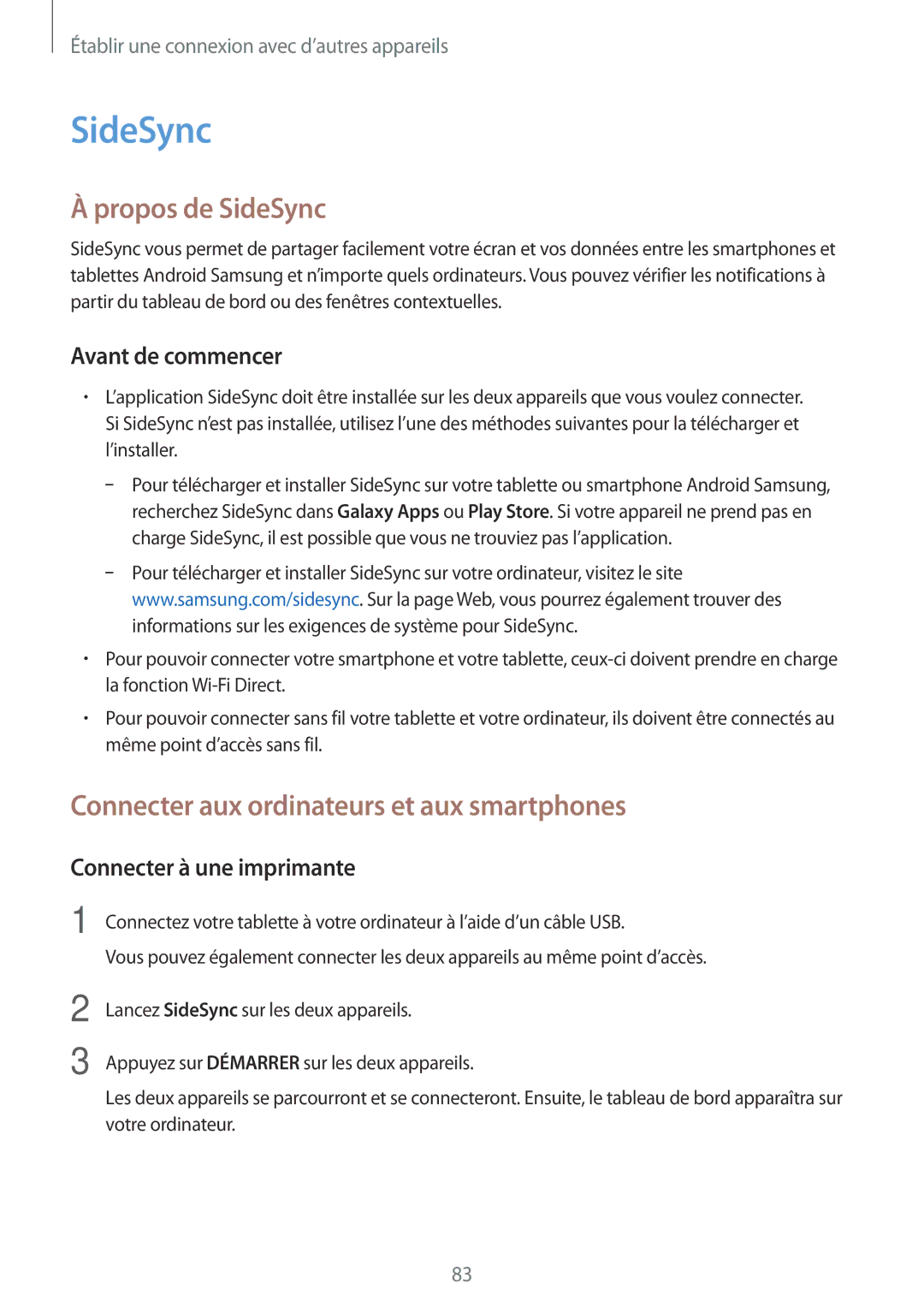 Samsung SM-T550NZKAXEF manual Propos de SideSync, Connecter aux ordinateurs et aux smartphones, Avant de commencer 