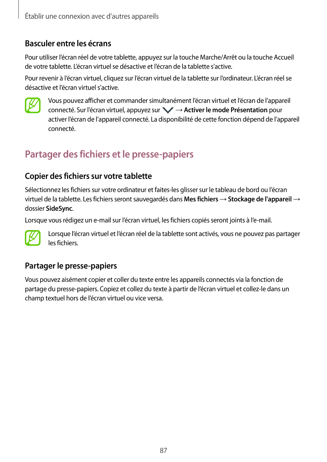 Samsung SM-T550NZWAXEF Partager des fichiers et le presse-papiers, Basculer entre les écrans, Partager le presse-papiers 