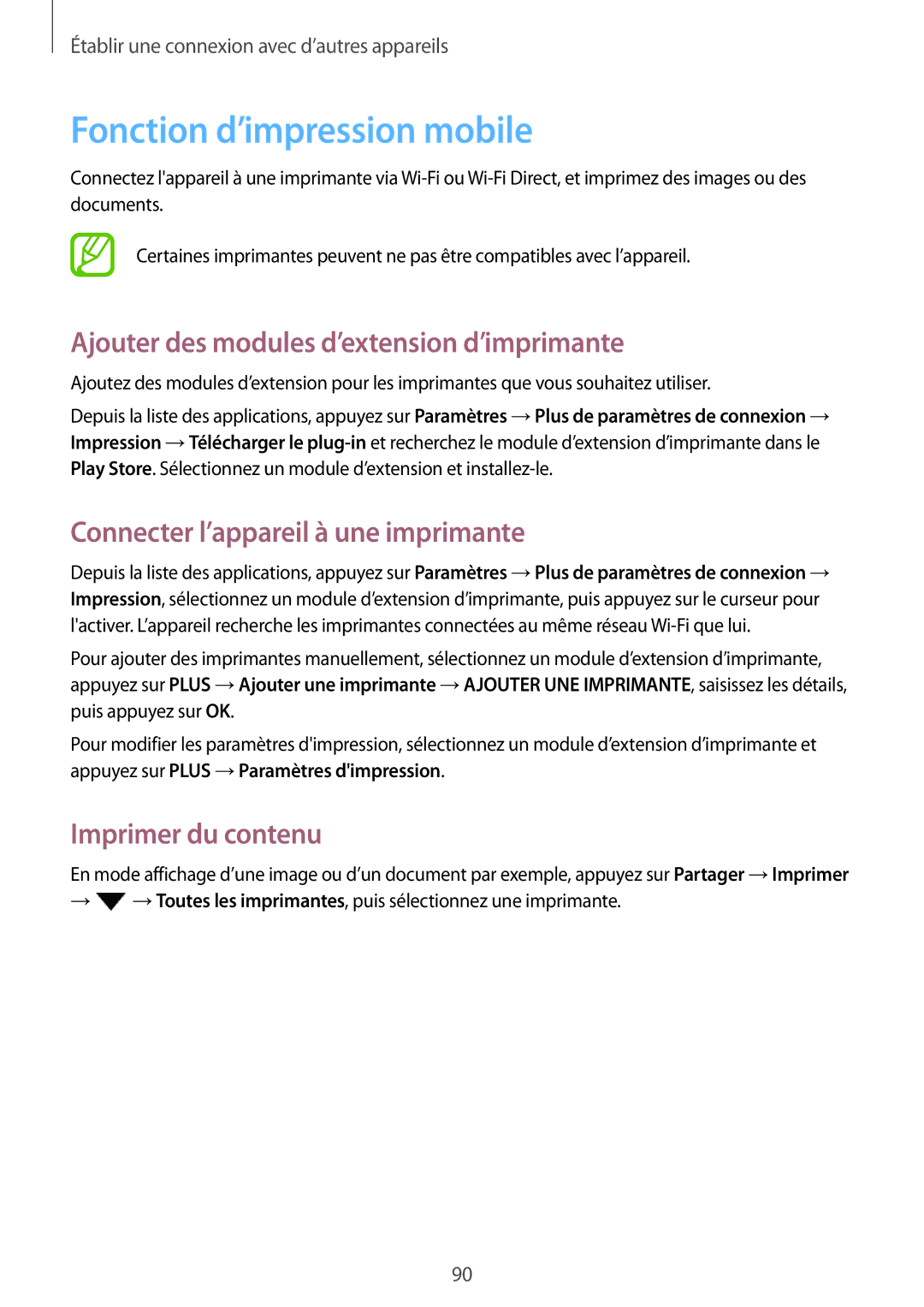 Samsung SM-P550NZWAXEF Fonction d’impression mobile, Ajouter des modules d’extension d’imprimante, Imprimer du contenu 