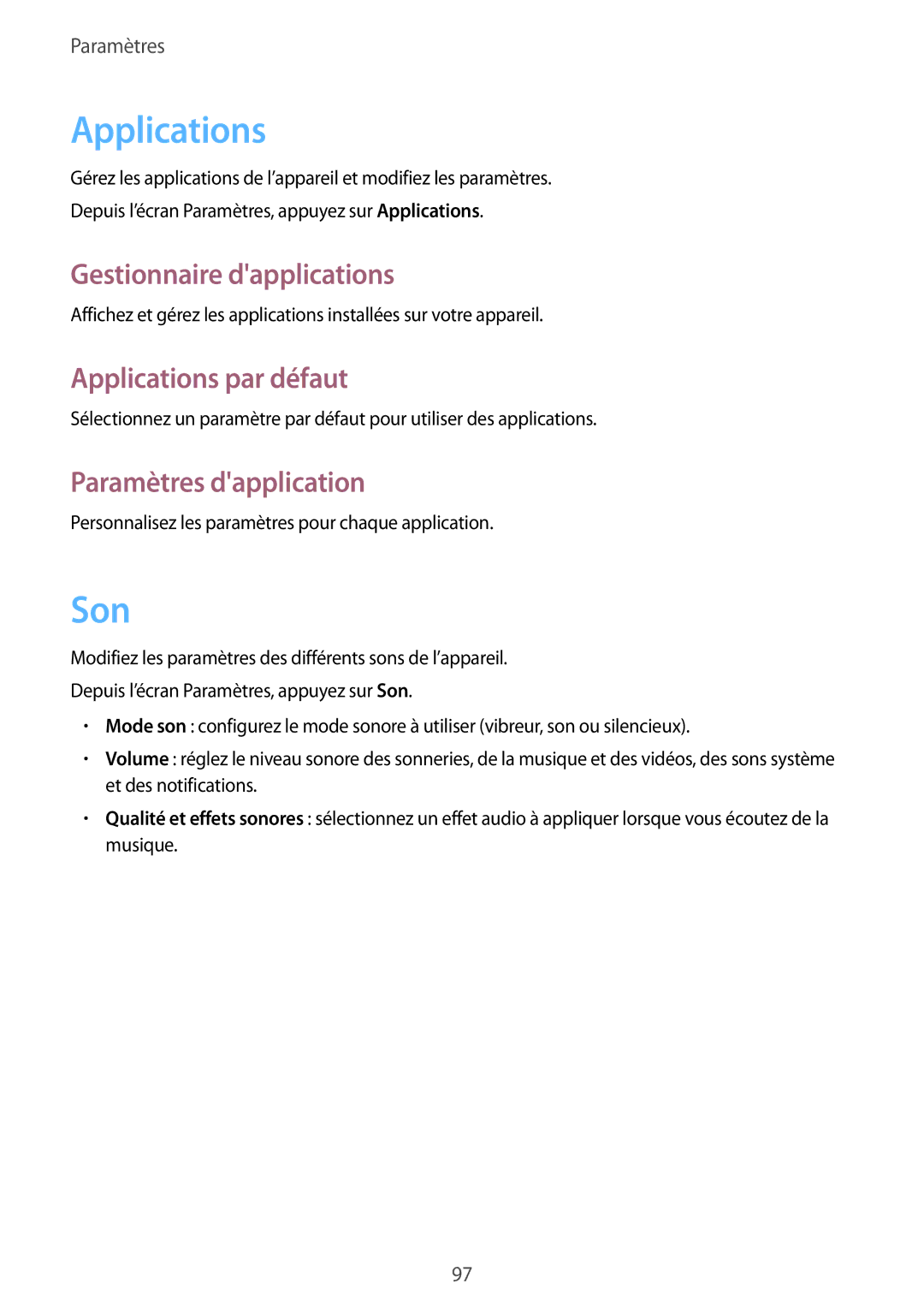 Samsung SM-T550NZWAXEF manual Son, Gestionnaire dapplications, Applications par défaut, Paramètres dapplication 