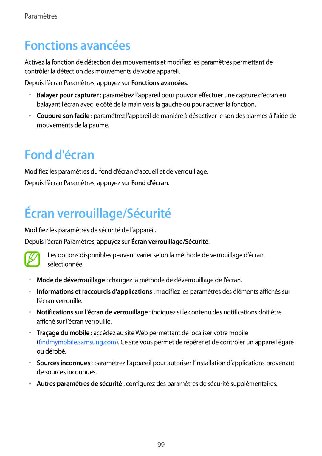 Samsung SM-P550NZKAXEF, SM-P550NZWAXEF, SM-T550NZWEXEF, SM-T550NZWAXEF manual Fond décran, Écran verrouillage/Sécurité 