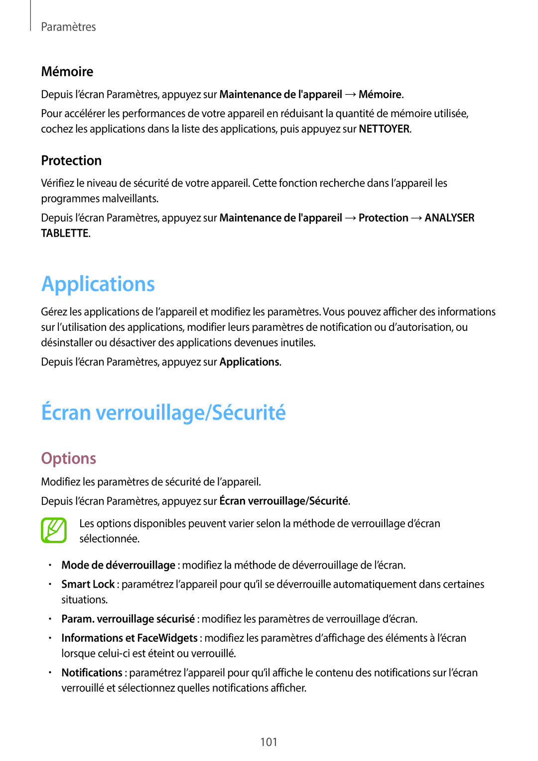 Samsung SM-T550NZWEXEF, SM-P550NZWAXEF, SM-T550NZWAXEF manual Applications, Écran verrouillage/Sécurité, Mémoire, Protection 