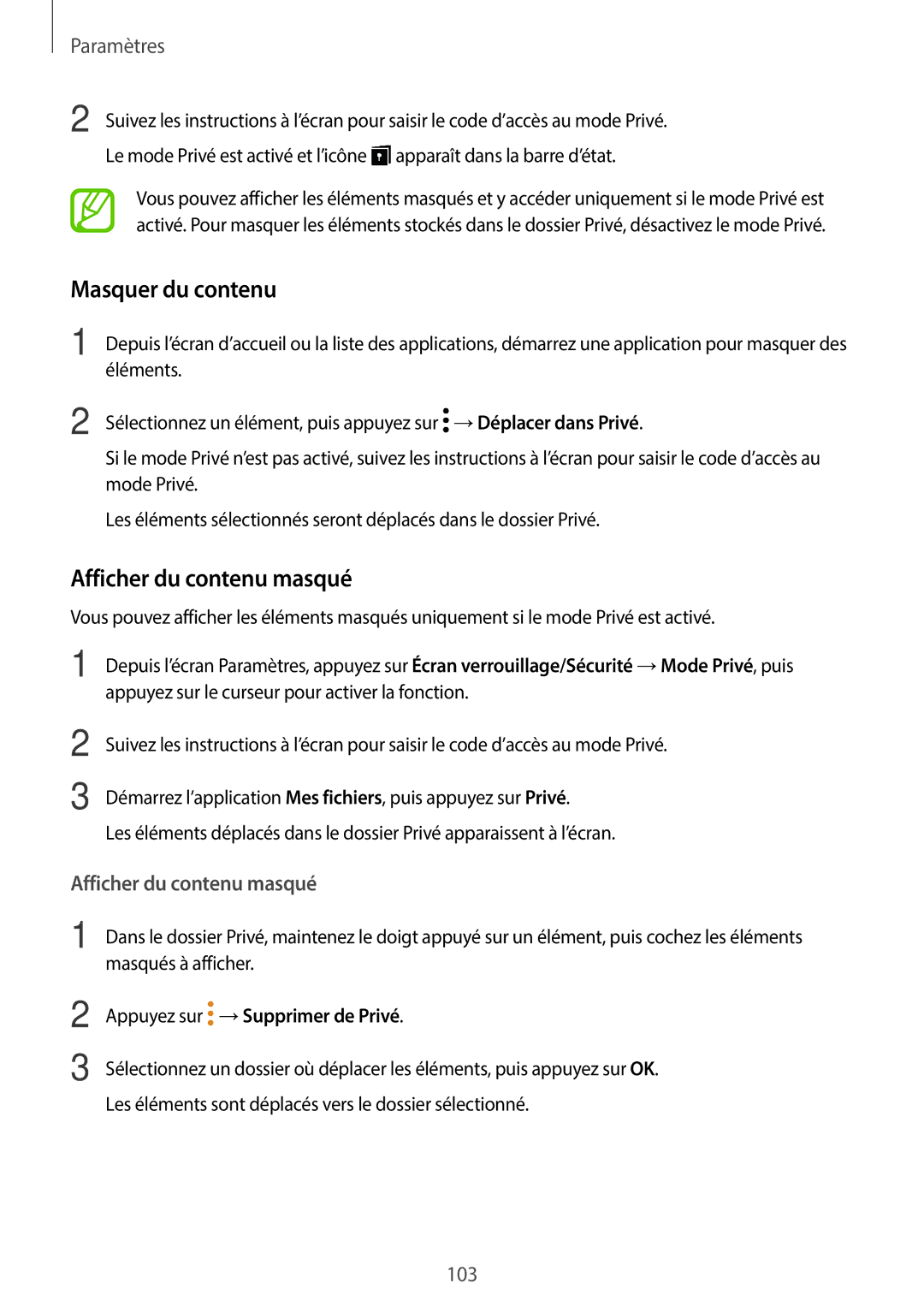 Samsung SM-T550NZKAXEF, SM-P550NZWAXEF Masquer du contenu, Afficher du contenu masqué, Appuyez sur →Supprimer de Privé 