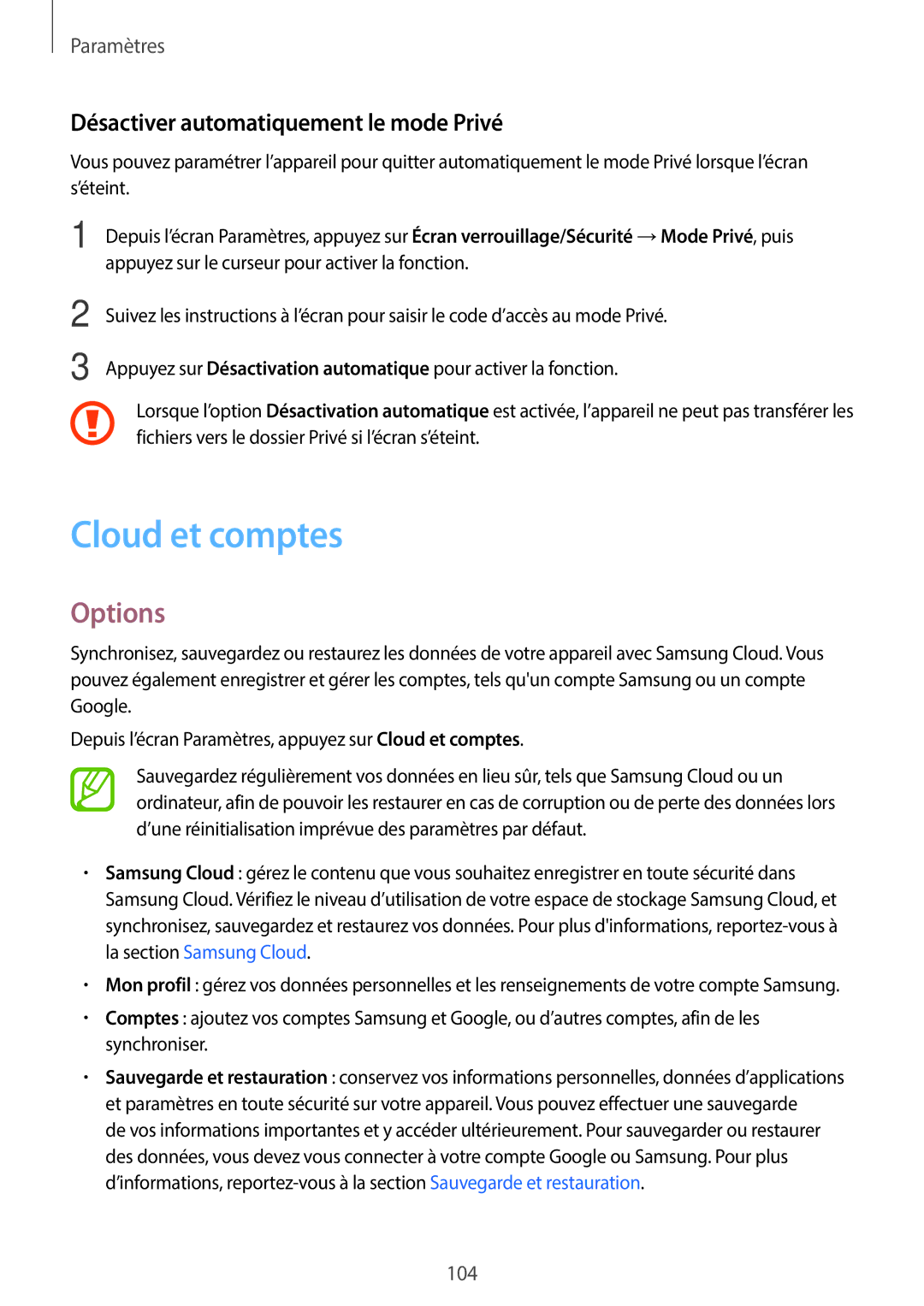 Samsung SM-P550NZKAXEF, SM-P550NZWAXEF, SM-T550NZWEXEF manual Cloud et comptes, Désactiver automatiquement le mode Privé 