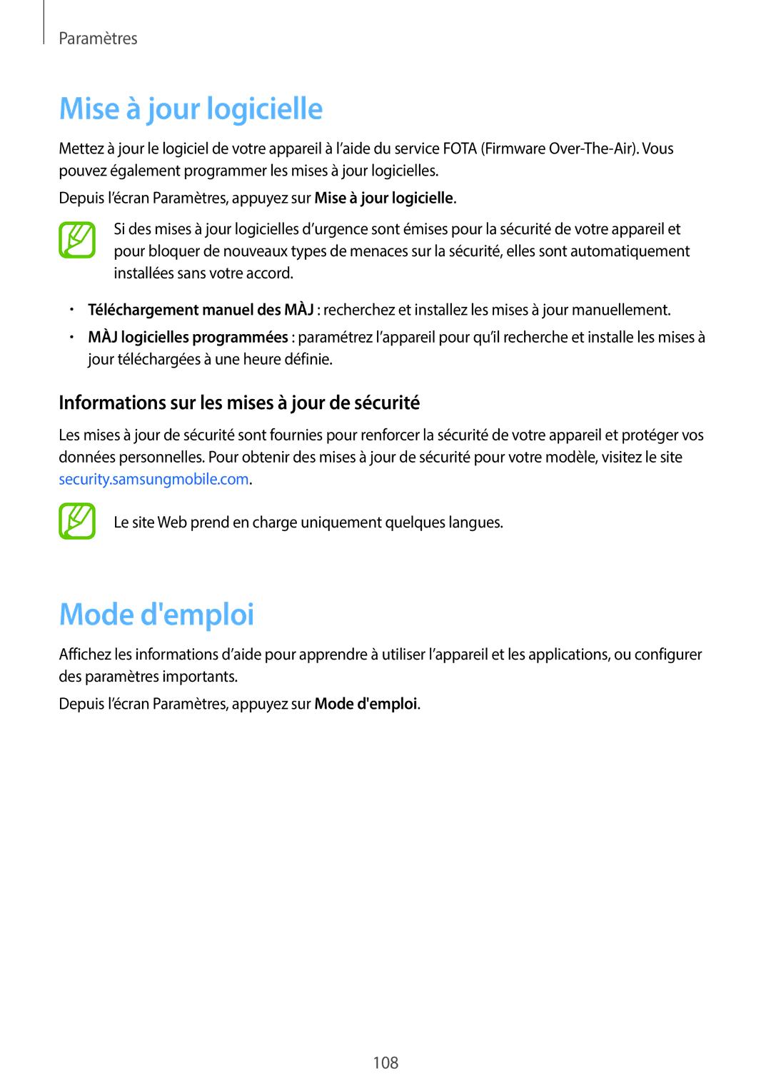 Samsung SM-T550NZKAXEF, SM-P550NZWAXEF Mise à jour logicielle, Mode demploi, Informations sur les mises à jour de sécurité 
