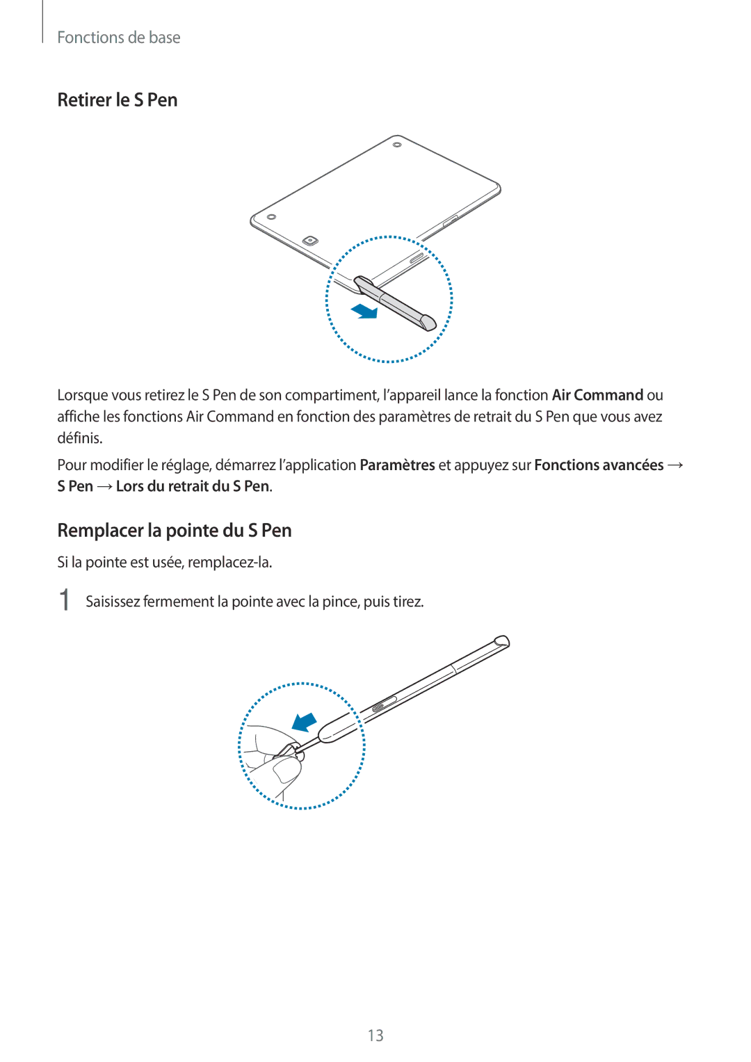 Samsung SM-T550NZKAXEF, SM-P550NZWAXEF, SM-T550NZWEXEF, SM-T550NZWAXEF manual Retirer le S Pen, Remplacer la pointe du S Pen 