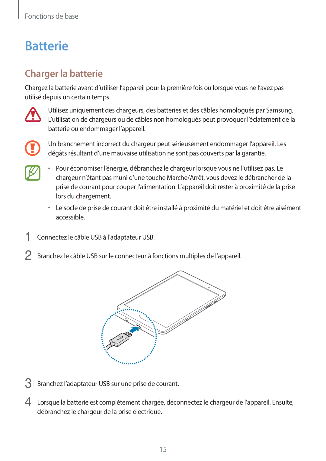 Samsung SM-P550NZWAXEF, SM-T550NZWEXEF, SM-T550NZWAXEF, SM-T550NZKAXEF, SM-P550NZKAXEF manual Batterie, Charger la batterie 