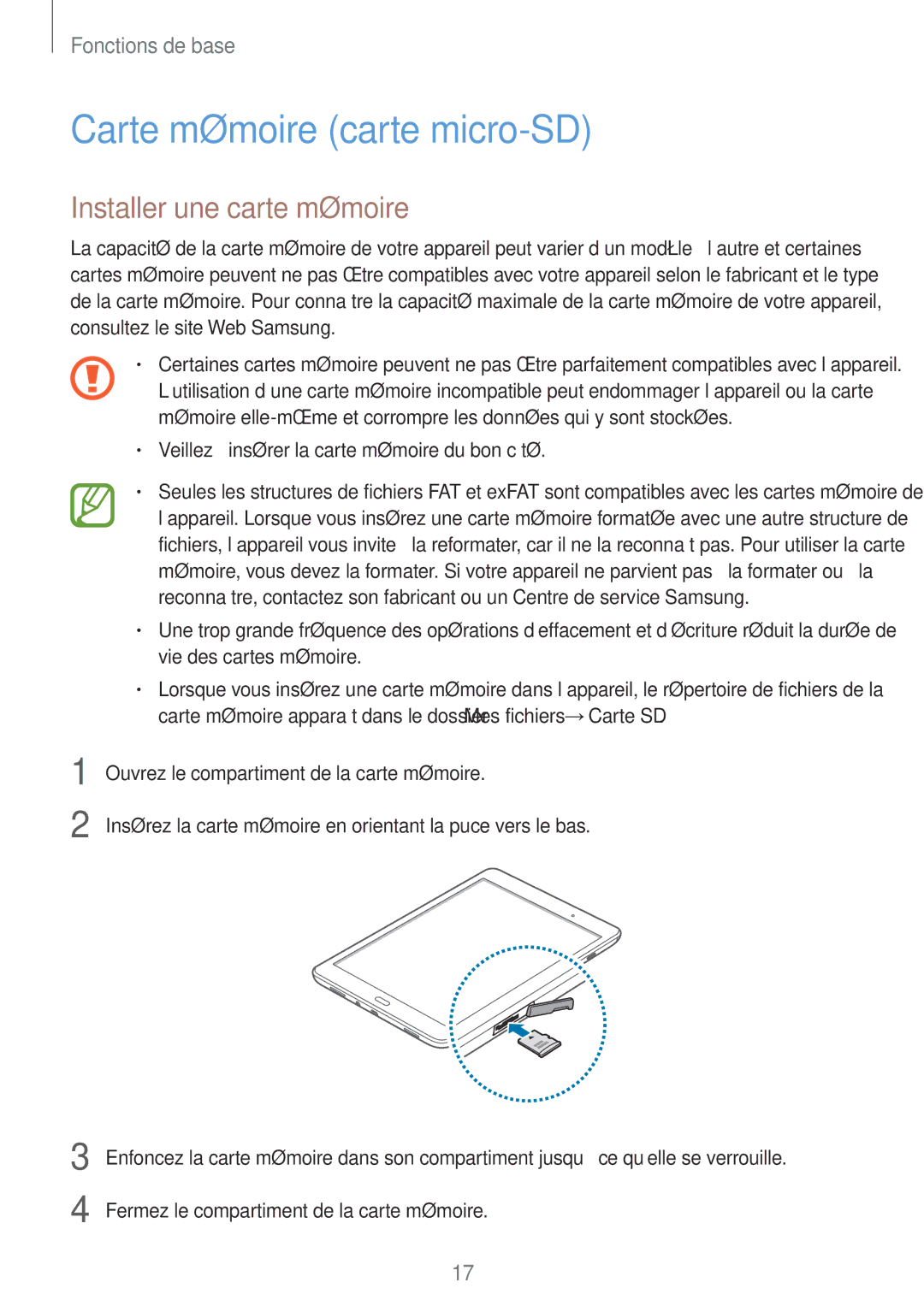 Samsung SM-T550NZWAXEF, SM-P550NZWAXEF, SM-T550NZWEXEF manual Carte mémoire carte micro-SD, Installer une carte mémoire 