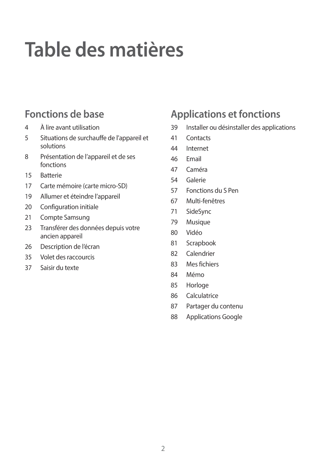 Samsung SM-T550NZWAXEF, SM-P550NZWAXEF, SM-T550NZWEXEF, SM-T550NZKAXEF, SM-P550NZKAXEF manual Table des matières 