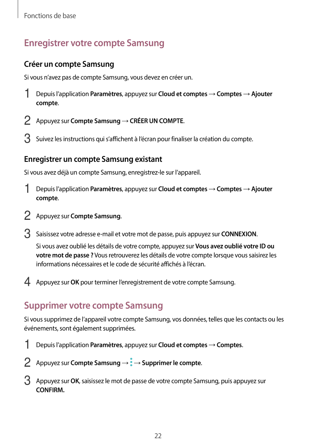 Samsung SM-T550NZWAXEF manual Enregistrer votre compte Samsung, Supprimer votre compte Samsung, Créer un compte Samsung 