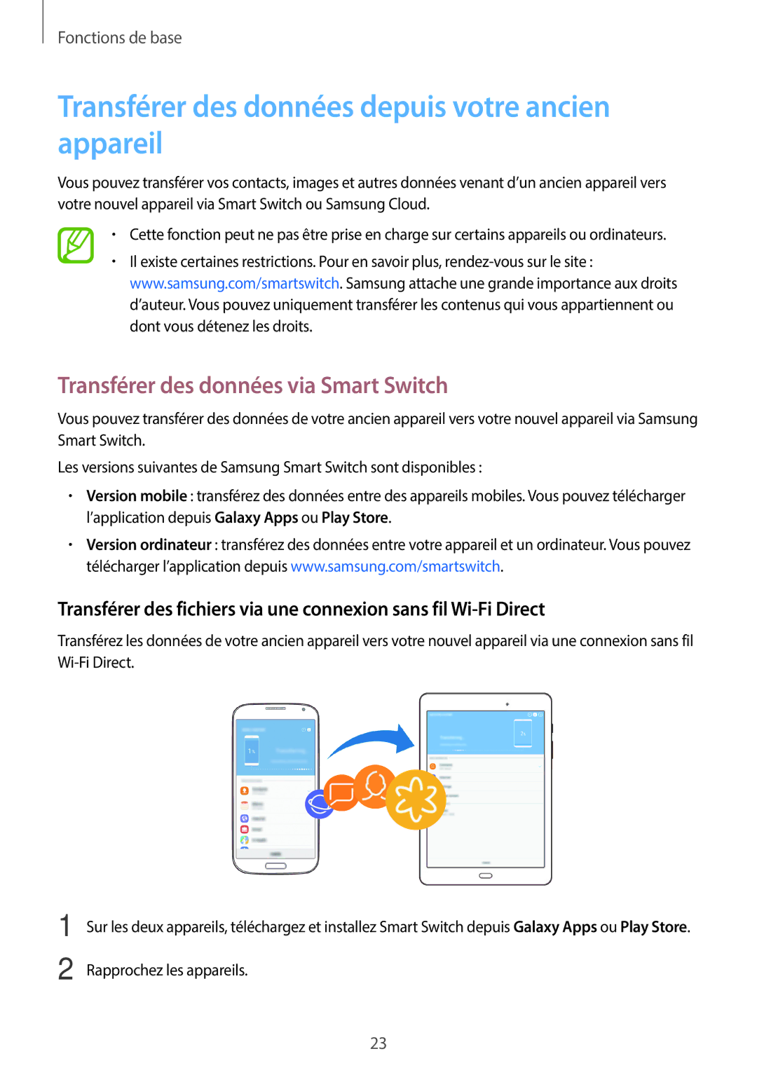 Samsung SM-T550NZKAXEF manual Transférer des données depuis votre ancien appareil, Transférer des données via Smart Switch 