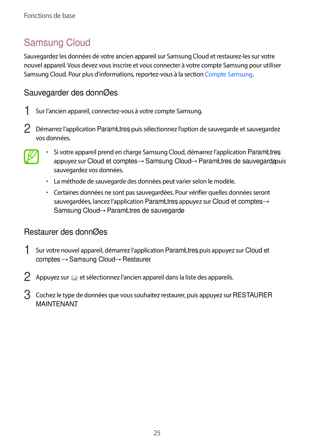 Samsung SM-P550NZWAXEF, SM-T550NZWEXEF, SM-T550NZWAXEF manual Samsung Cloud, Sauvegarder des données, Restaurer des données 