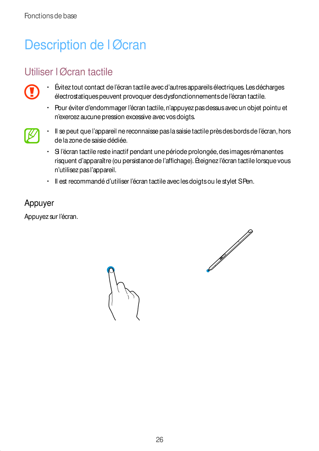 Samsung SM-T550NZWEXEF, SM-P550NZWAXEF, SM-T550NZWAXEF manual Description de l’écran, Utiliser l’écran tactile, Appuyer 