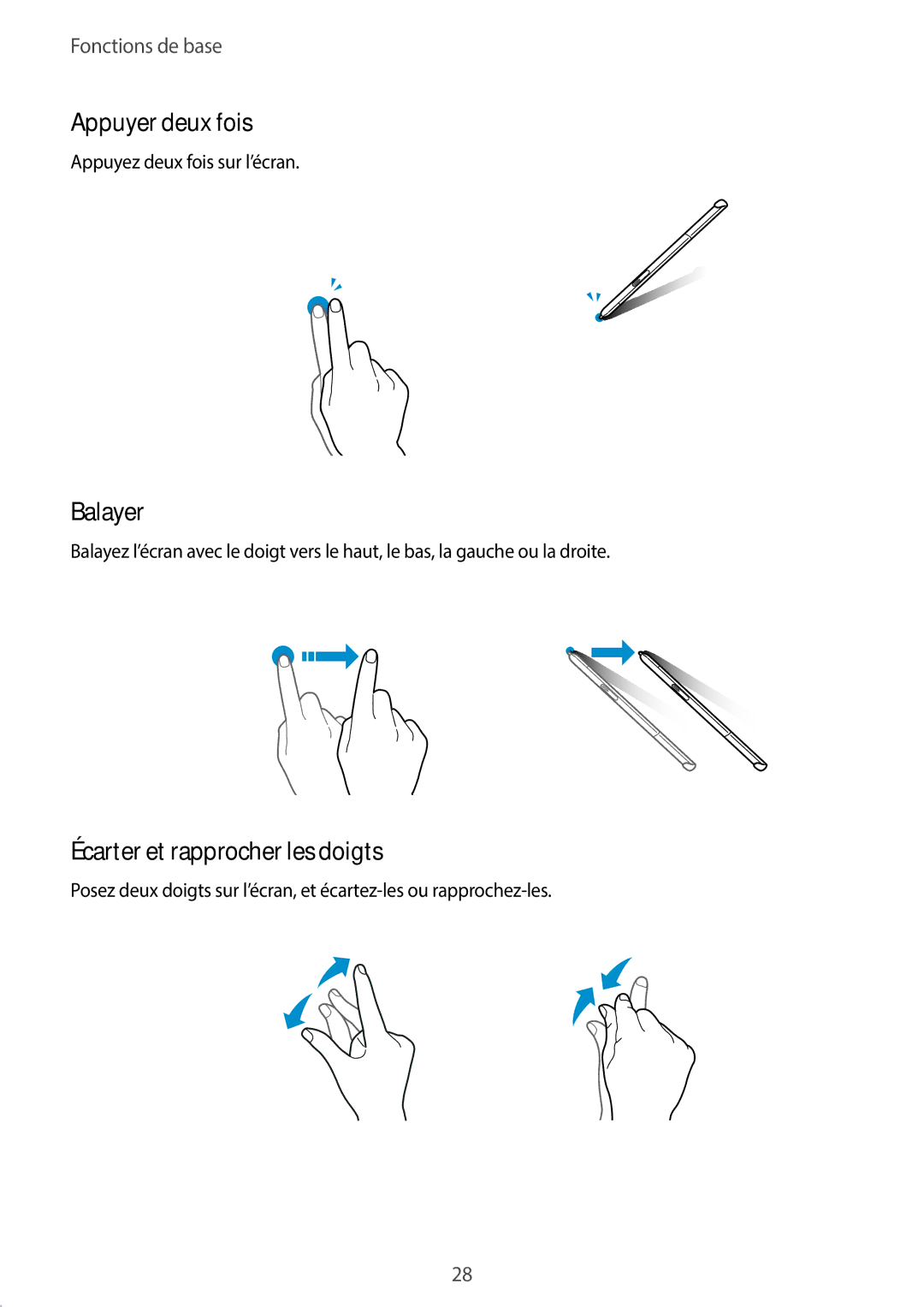 Samsung SM-T550NZKAXEF, SM-P550NZWAXEF, SM-T550NZWEXEF manual Appuyer deux fois, Balayer, Écarter et rapprocher les doigts 