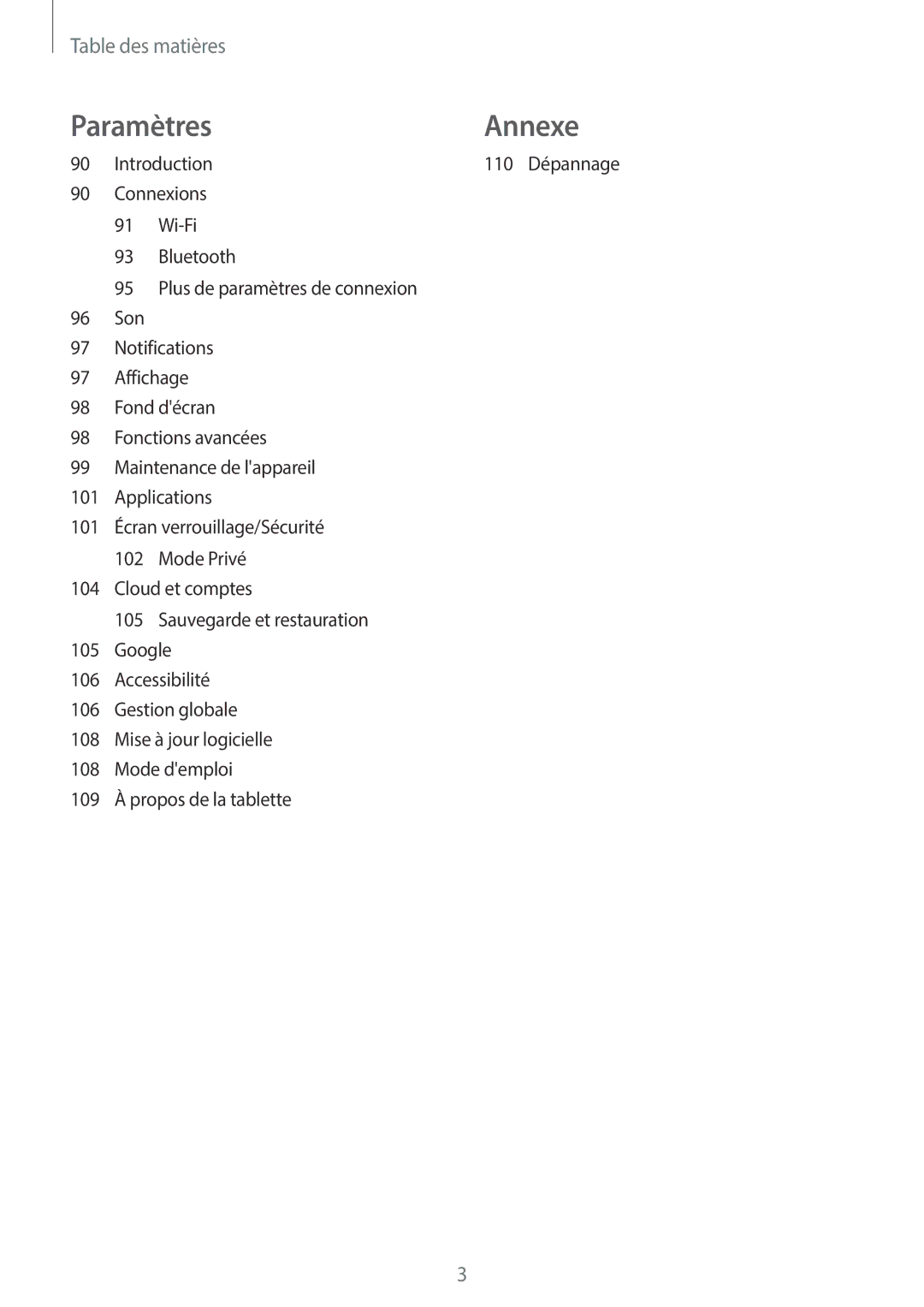 Samsung SM-T550NZKAXEF, SM-P550NZWAXEF, SM-T550NZWEXEF, SM-T550NZWAXEF, SM-P550NZKAXEF manual Paramètres Annexe 