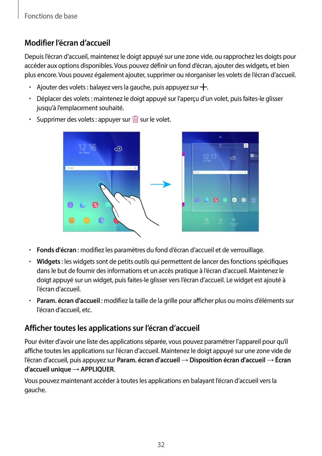 Samsung SM-T550NZWAXEF, SM-P550NZWAXEF Modifier l’écran d’accueil, Afficher toutes les applications sur l’écran d’accueil 