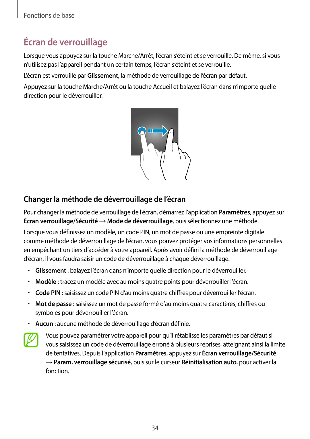 Samsung SM-P550NZKAXEF, SM-P550NZWAXEF manual Écran de verrouillage, Changer la méthode de déverrouillage de l’écran 