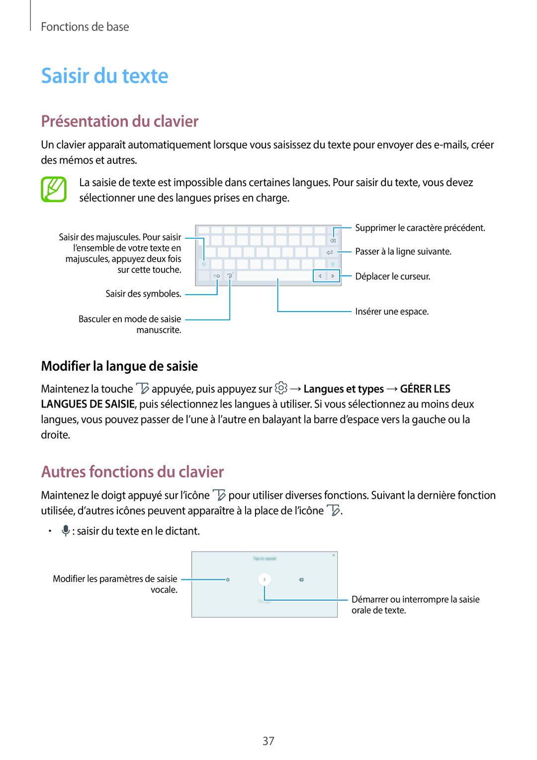 Samsung SM-T550NZWAXEF Saisir du texte, Présentation du clavier, Autres fonctions du clavier, Modifier la langue de saisie 